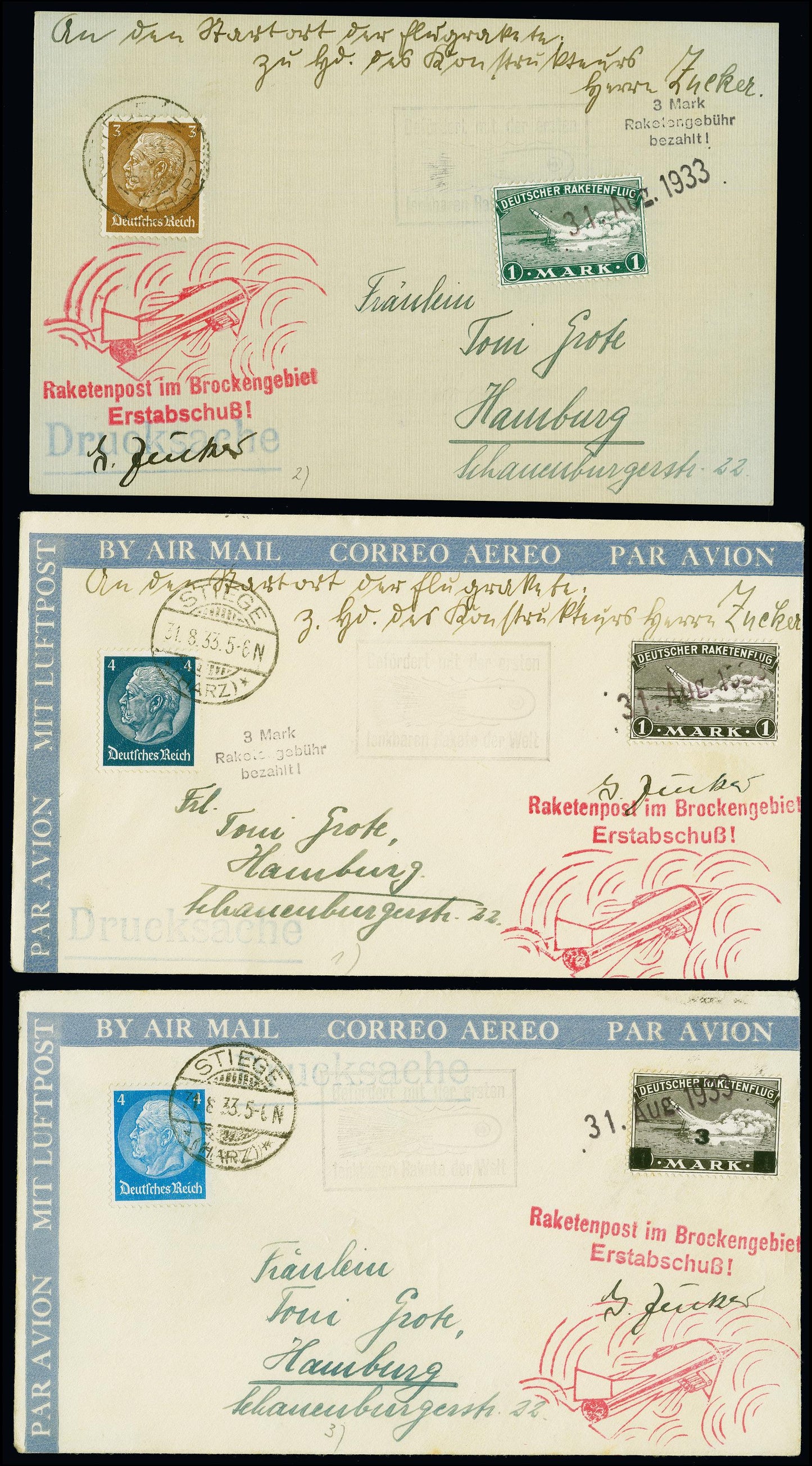 GERMANY, 1933, August 31 Zucker Herta Rocket Flight. Nice group of 3 covers: two pre-printed enveloppes and a postcard (Hopferwieser GZ-01b)GERMANY, 1931, April 15 Tiling Rocket Flight (E-Z 1C1; Hopferwieser RT-01) (Copy)