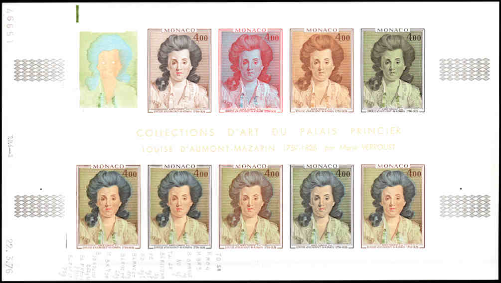 MONACO (1976) Slania. Princes. Paintings. Yvert 1065-6 Scott 1035-6 Trial Color Proofs in full sheets of 10.