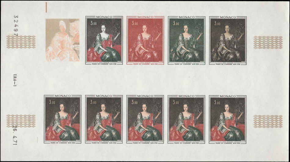 MONACO (1972) Paintings. Princes. Yvert 874-5 Scott 813-4 Trial Color Proofs in full sheets of 10.