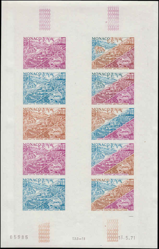 MONACO (1972 ) Anti-Pollution fight. Petroleum. Horses. Birds. Yvert 881 Scott 827 Trial Color Proofs in full sheet of 10.