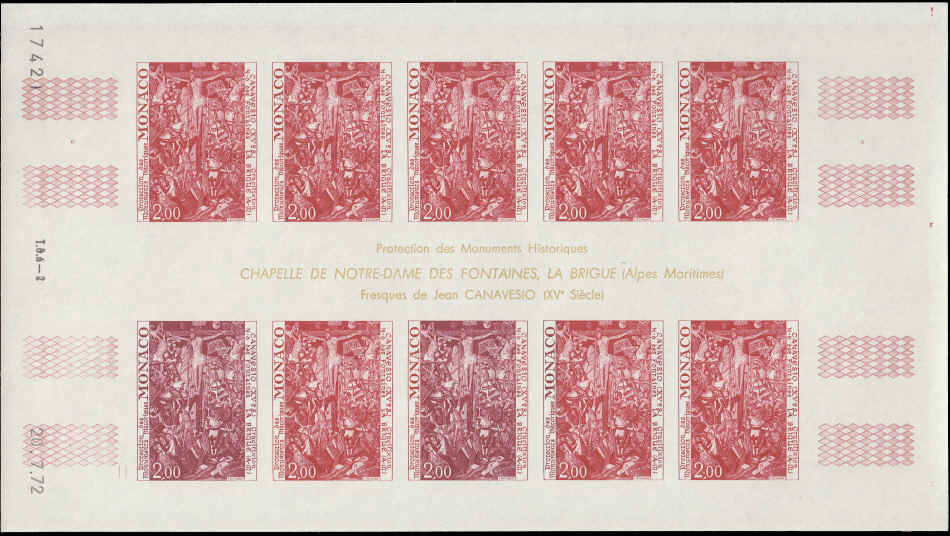 MONACO (1972) Art. Frescoes by Canavesio. Yvert 905-9 Scott 855-9 Trial Color Proofs in five full sheets of 10.
