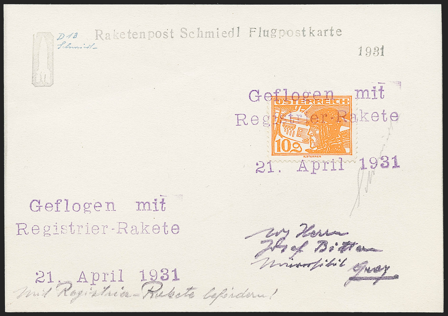 AUSTRIA, 1931, April 21, Rocket Flight (E-Z 9C1a; Hopferwieser FS-09b).