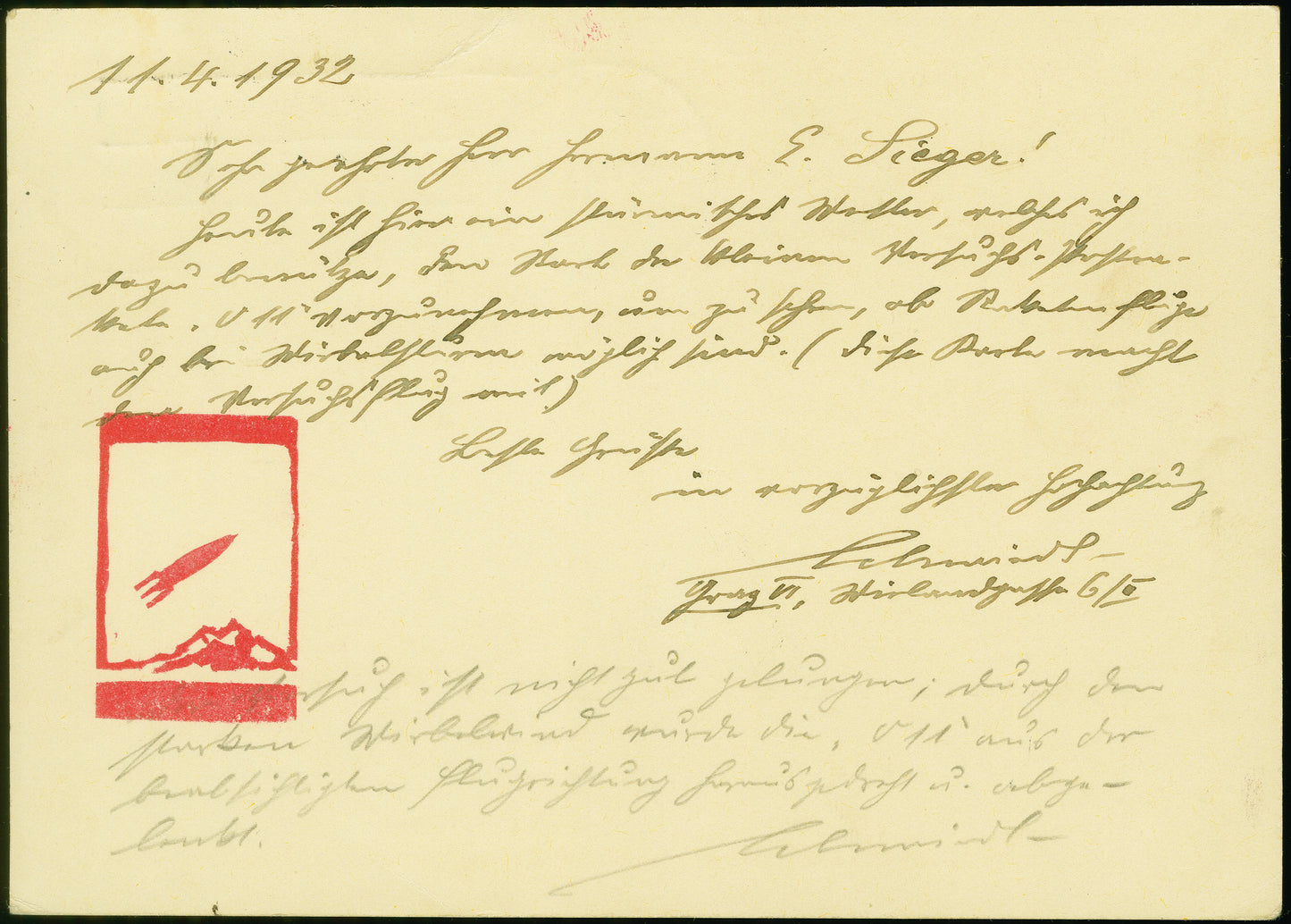 AUSTRIA, 1932, Schmiedl experimental rocket V11 from April 11th, postal stationery card. Hopferwieser. Fs -12b