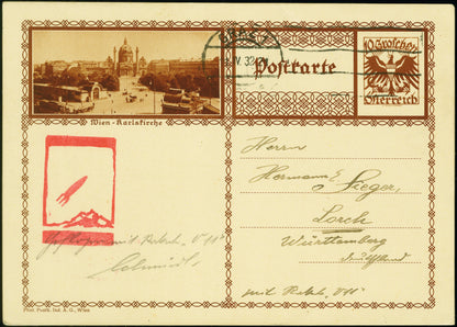 AUSTRIA, 1932, Schmiedl experimental rocket V11 from April 11th, postal stationery card. Hopferwieser. Fs -12b