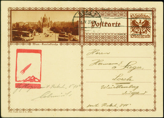 AUSTRIA, 1932, Schmiedl experimental rocket V11 from April 11th, postal stationery card. Hopferwieser. Fs -12b