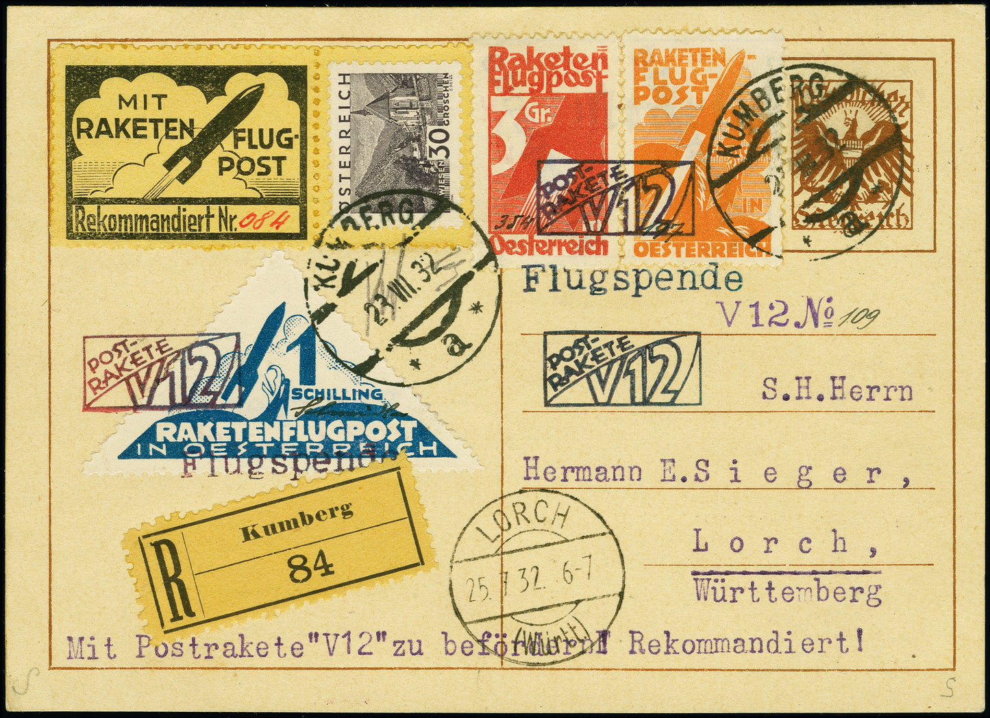 AUSTRIA, 1932, Schmiedl experimental rocket V12 from May28th, postal stationery car; HopferwieserFS -15a