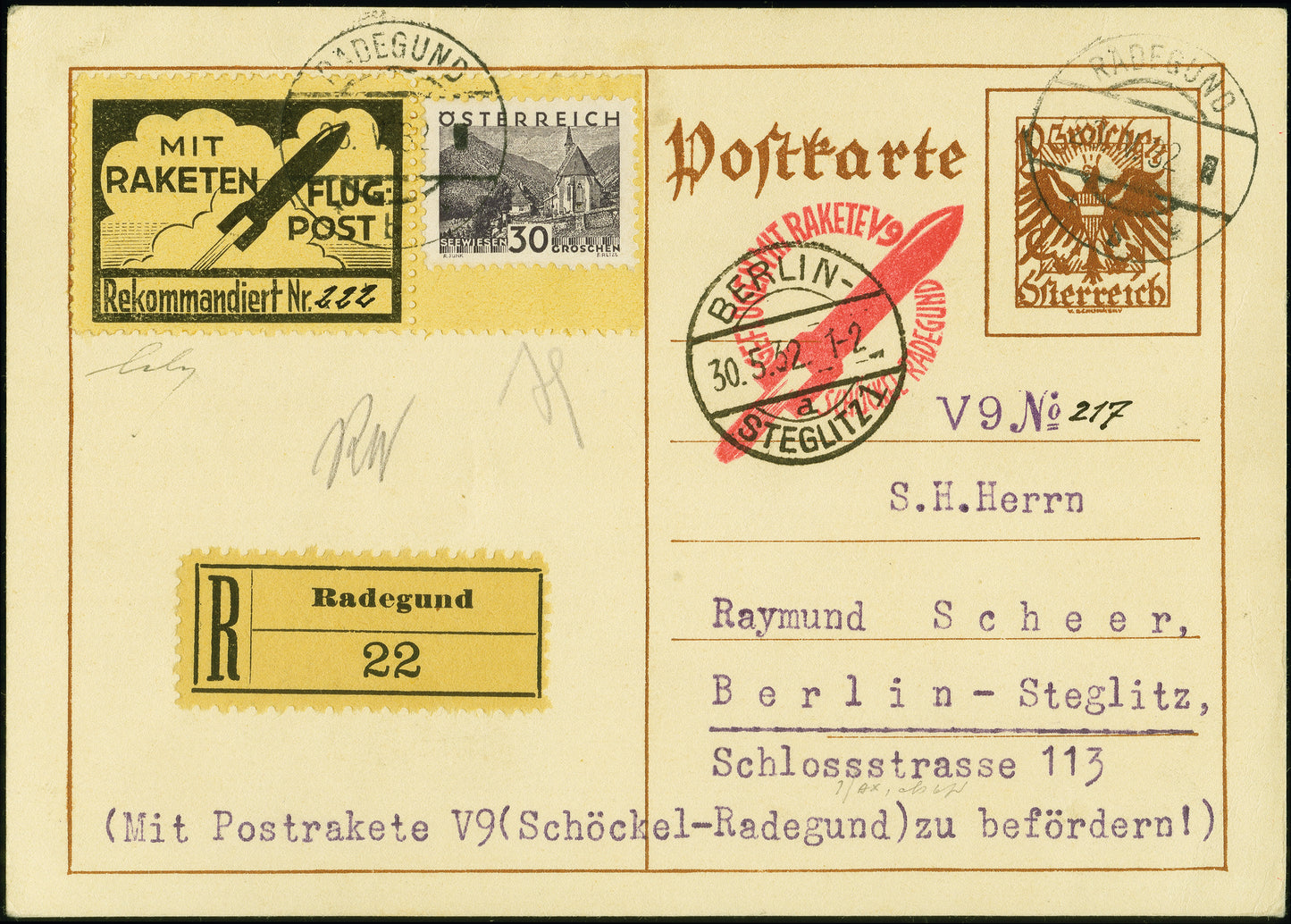AUSTRIA, 1932, Schmiedl experimental rocket V9 from May28th, postal stationery card Hopferwieser; FS -13a;