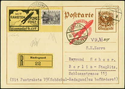 AUSTRIA, 1932, Schmiedl experimental rocket V9 from May28th, postal stationery card Hopferwieser; FS -13a;