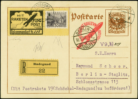 AUSTRIA, 1932, Schmiedl experimental rocket V9 from May28th, postal stationery card Hopferwieser; FS -13a;
