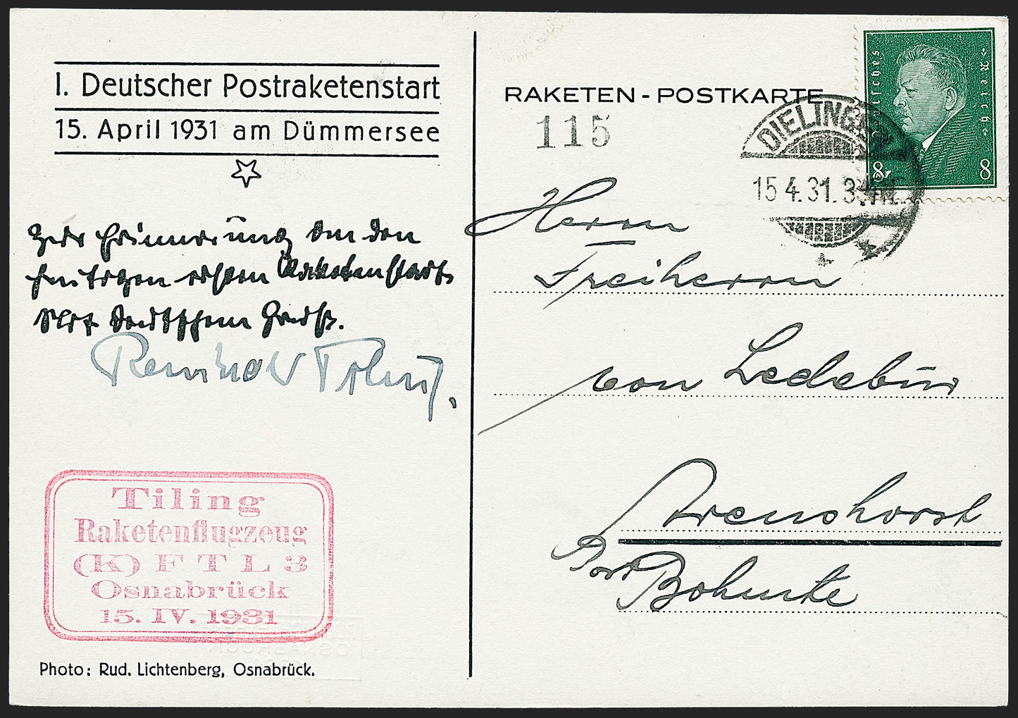 GERMANY, 1931, April 15 Tiling Rocket Flight (E-Z 1C1; Hopferwieser RT-01)
