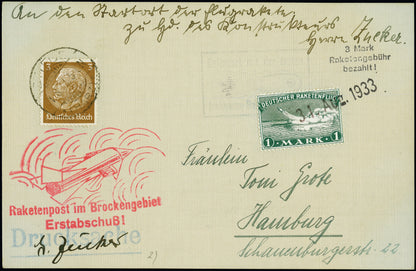 GERMANY, 1933, August 31 Zucker Herta Rocket Flight. Nice group of 3 covers: two pre-printed enveloppes and a postcard (Hopferwieser GZ-01b)GERMANY, 1931, April 15 Tiling Rocket Flight (E-Z 1C1; Hopferwieser RT-01) (Copy)