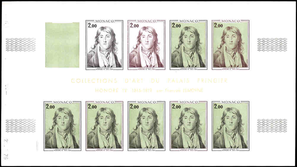 MONACO (1976) Slania. Princes. Paintings. Yvert 1065-6  Scott 1035-6 Trial Color Proofs in full sheets of 10.
