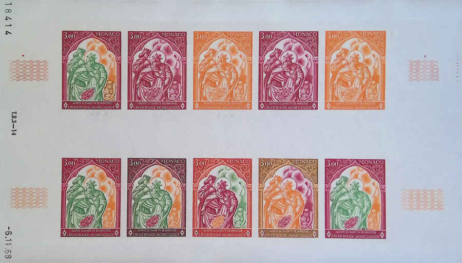 MONACO (1969) Red-Cross Yvert 788  Scott 721 Trial Color Proofs in full sheet of 10.