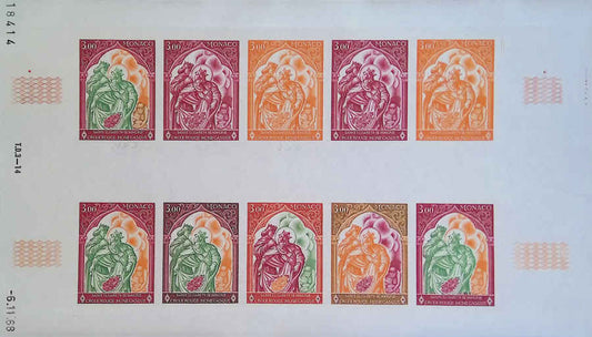 MONACO (1969) Red-Cross Yvert 788  Scott 721 Trial Color Proofs in full sheet of 10.