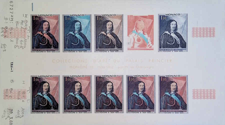 MONACO (1969) Princes.  Yvert 797-8  Scott 735-6  Trial Color Proofs in full sheets of 10.