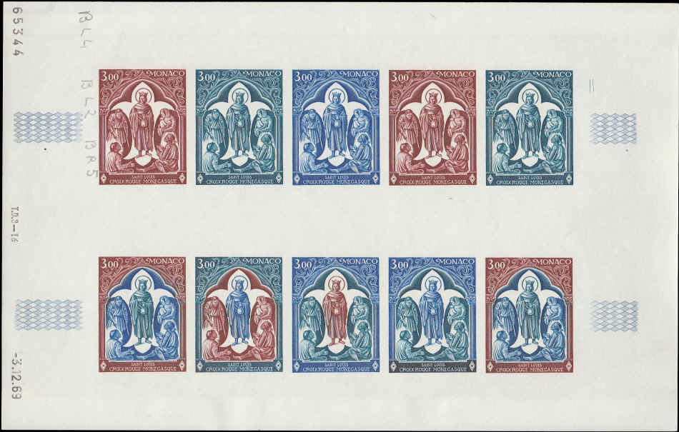 MONACO (1970) Red-Cross Yvert 818  Scott 767 Trial Color Proofs in full sheet of 10.