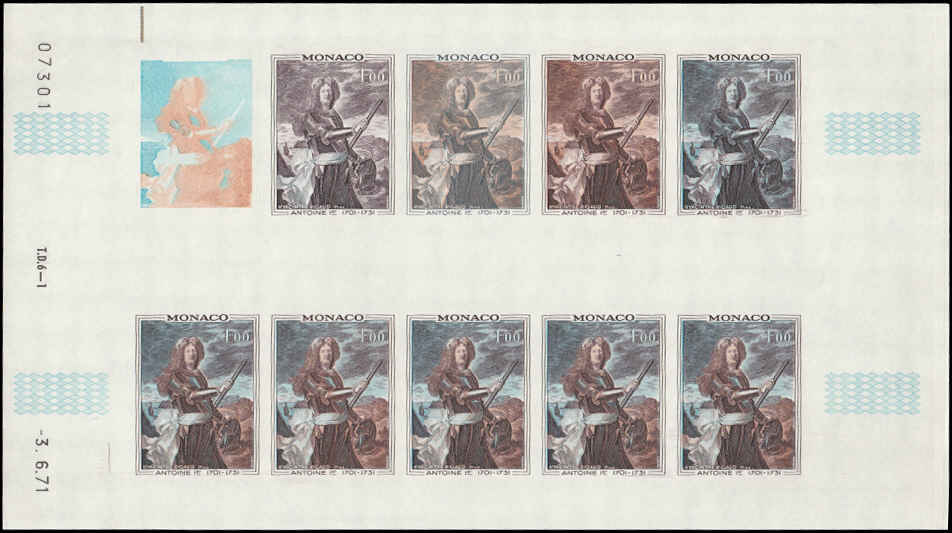 MONACO (1972) Paintings. Princes. Yvert 874-5  Scott 813-4 Trial Color Proofs in full sheets of 10.