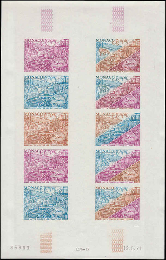 MONACO (1972 ) Anti-Pollution fight. Petroleum. Horses. Birds. Yvert 881  Scott 827 Trial Color Proofs in full sheet of 10.
