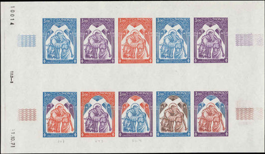 MONACO (1972) Red-Cross  Yvert 855 Scott 830 Trial Color Proofs in full sheet of 10.