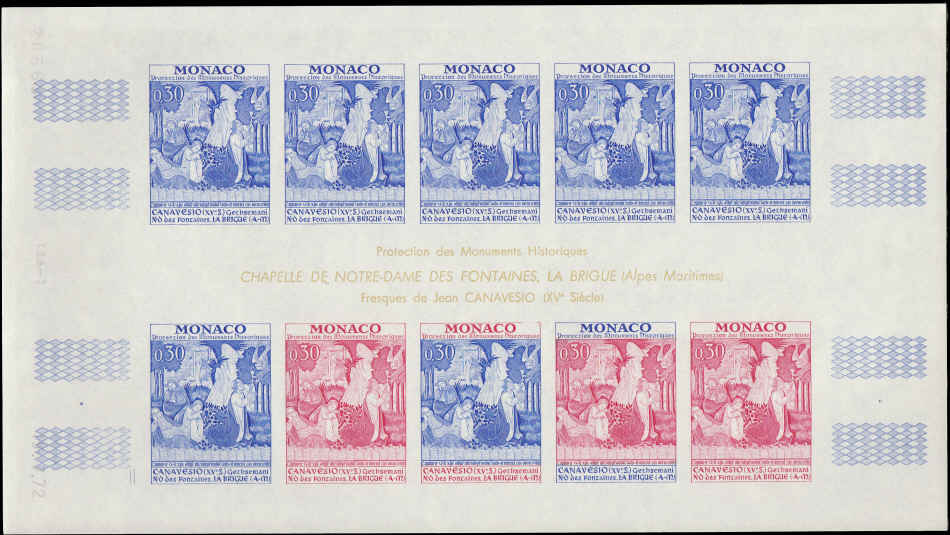 MONACO (1972) Art. Frescoes by Canavesio.  Yvert 905-9  Scott 855-9 Trial Color Proofs in five full sheets of 10.