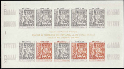 MONACO (1972) Art. Frescoes by Canavesio.  Yvert 905-9  Scott 855-9 Trial Color Proofs in five full sheets of 10.