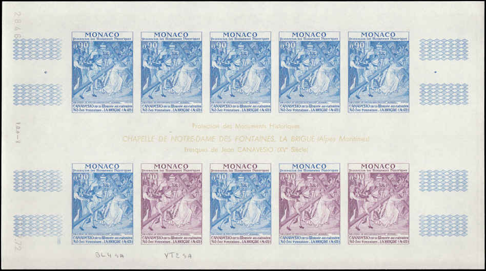 MONACO (1972) Art. Frescoes by Canavesio.  Yvert 905-9  Scott 855-9 Trial Color Proofs in five full sheets of 10.