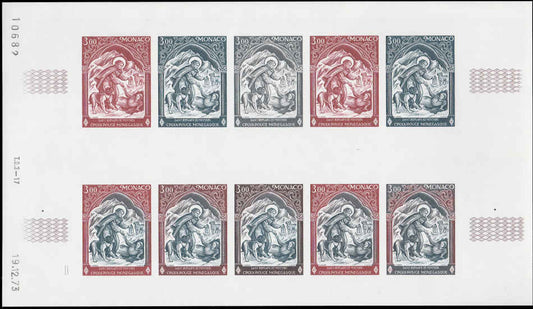 MONACO (1974) Dog. St. Bernard in snow  Yvert 956 Scott 905 Trial Color Proofs in full sheet of 10.