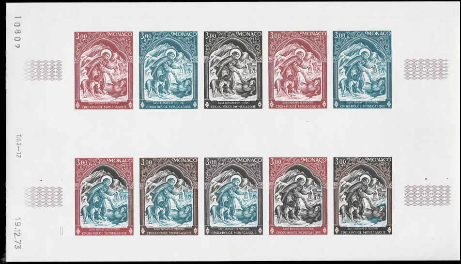 MONACO (1974) Dog. St. Bernard in snow  Yvert 956 Scott 905 Trial Color Proofs in full sheet of 10. (Copy)