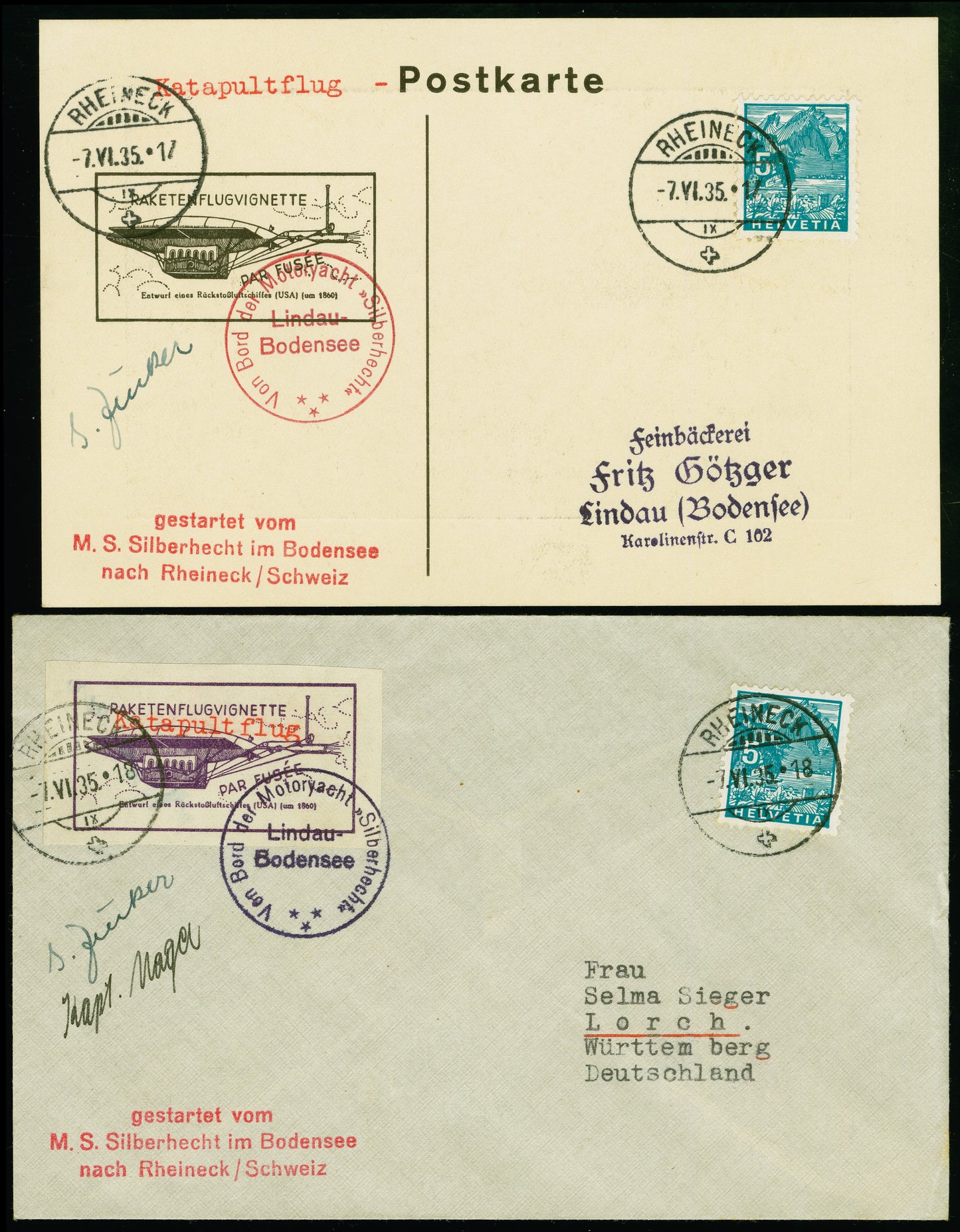 SWITZERLAND 1935, June 7, 1935 Zucker flight Bodensee-Rheineck (Hopferwieser GZ-015a +b)SWITZERLAND 1935, JULY 27, 1935 1st Swiss Rocket Flight Säntis (Hopferwieser GZ-06b) (Copy)