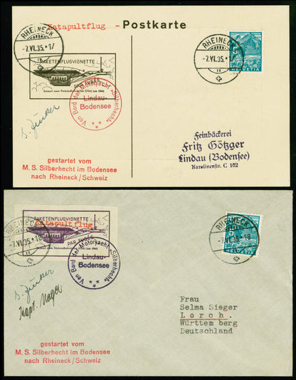 SWITZERLAND 1935, June 7, 1935 Zucker flight Bodensee-Rheineck (Hopferwieser GZ-015a +b)SWITZERLAND 1935, JULY 27, 1935 1st Swiss Rocket Flight Säntis (Hopferwieser GZ-06b) (Copy)